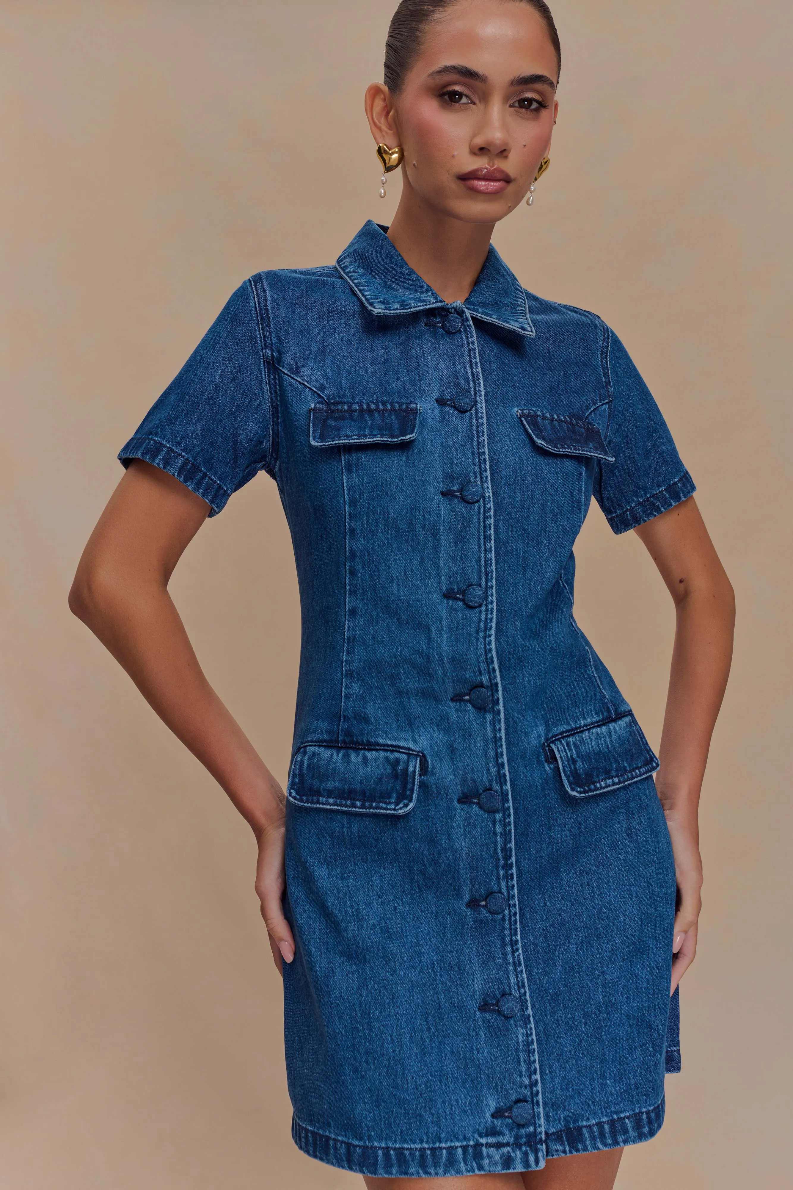 Leighton Denim Button Down Mini Dress - Dark Blue