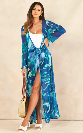 Lightweight Wrap Maxi Tunic in Sax Abstract print