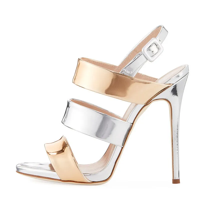 Metallic Patent Leather Open Toe Stiletto Sandals