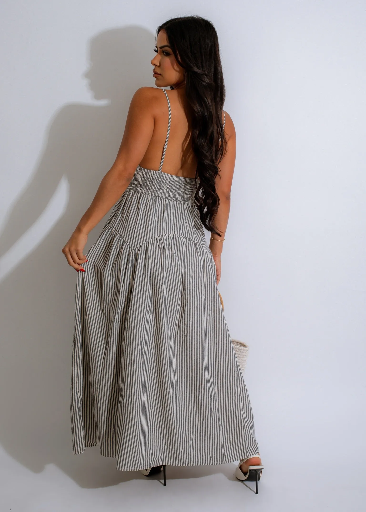 Nautical Breeze Stripes Midi Dress Grey