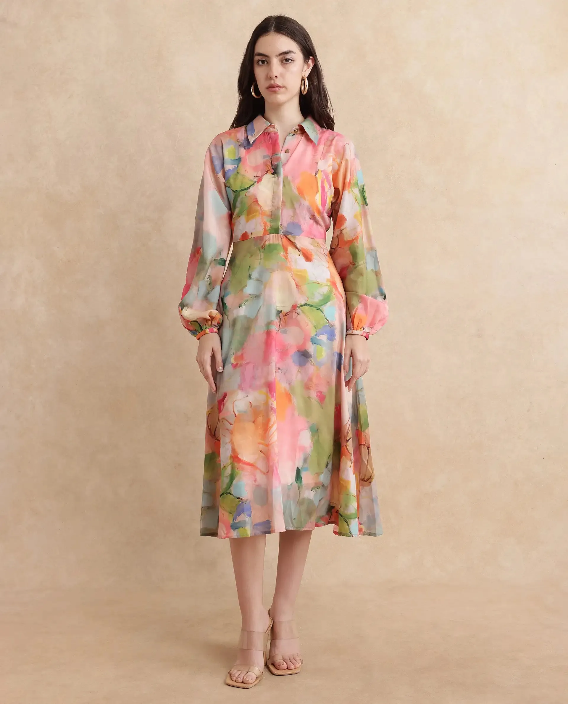 Rareism Women Rhun Multi Cuffed Sleeve Collared Neck Fit And Flare Midi Abstract Print Dress