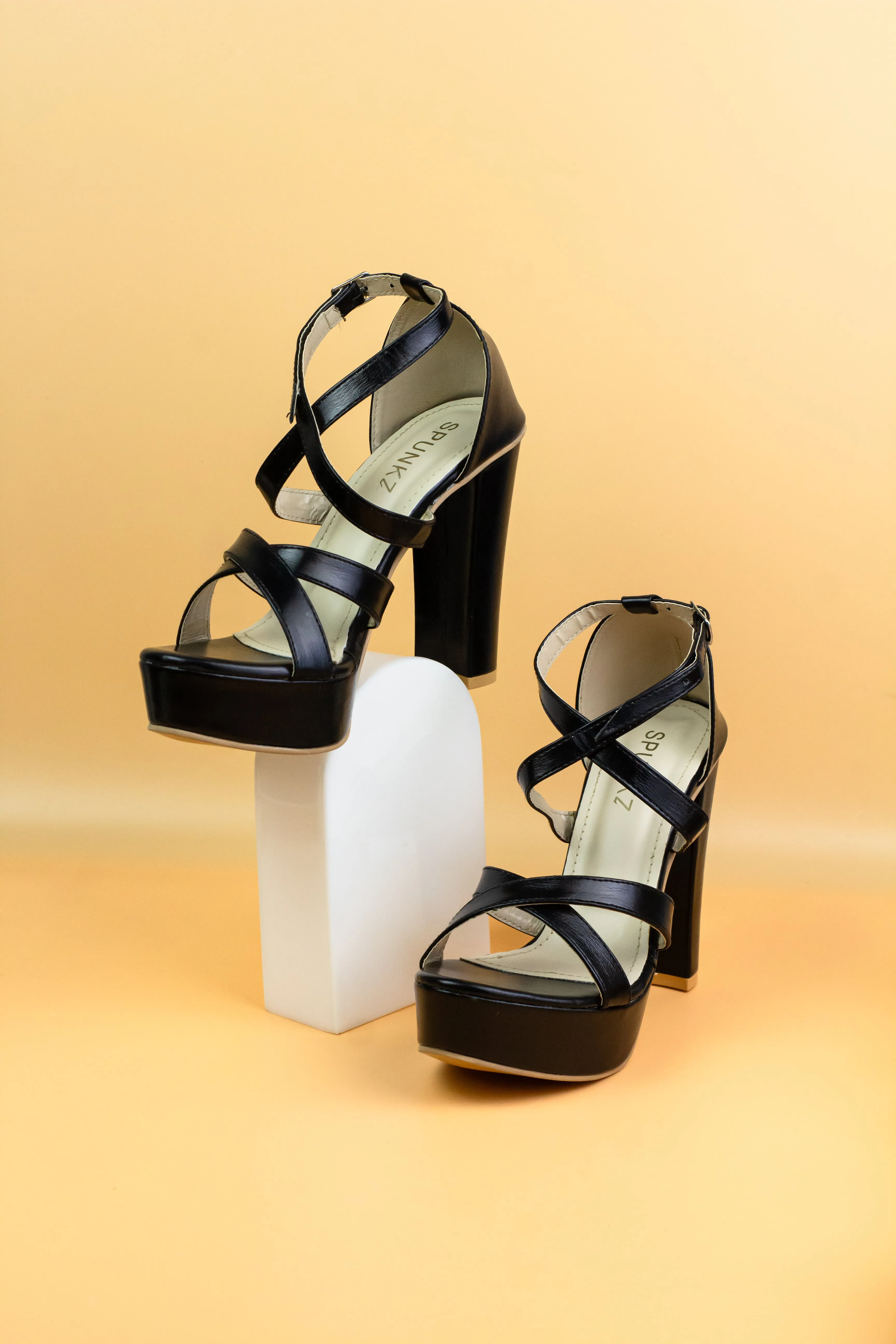 Spunkz Metallic Black Platform Heeled Sandals