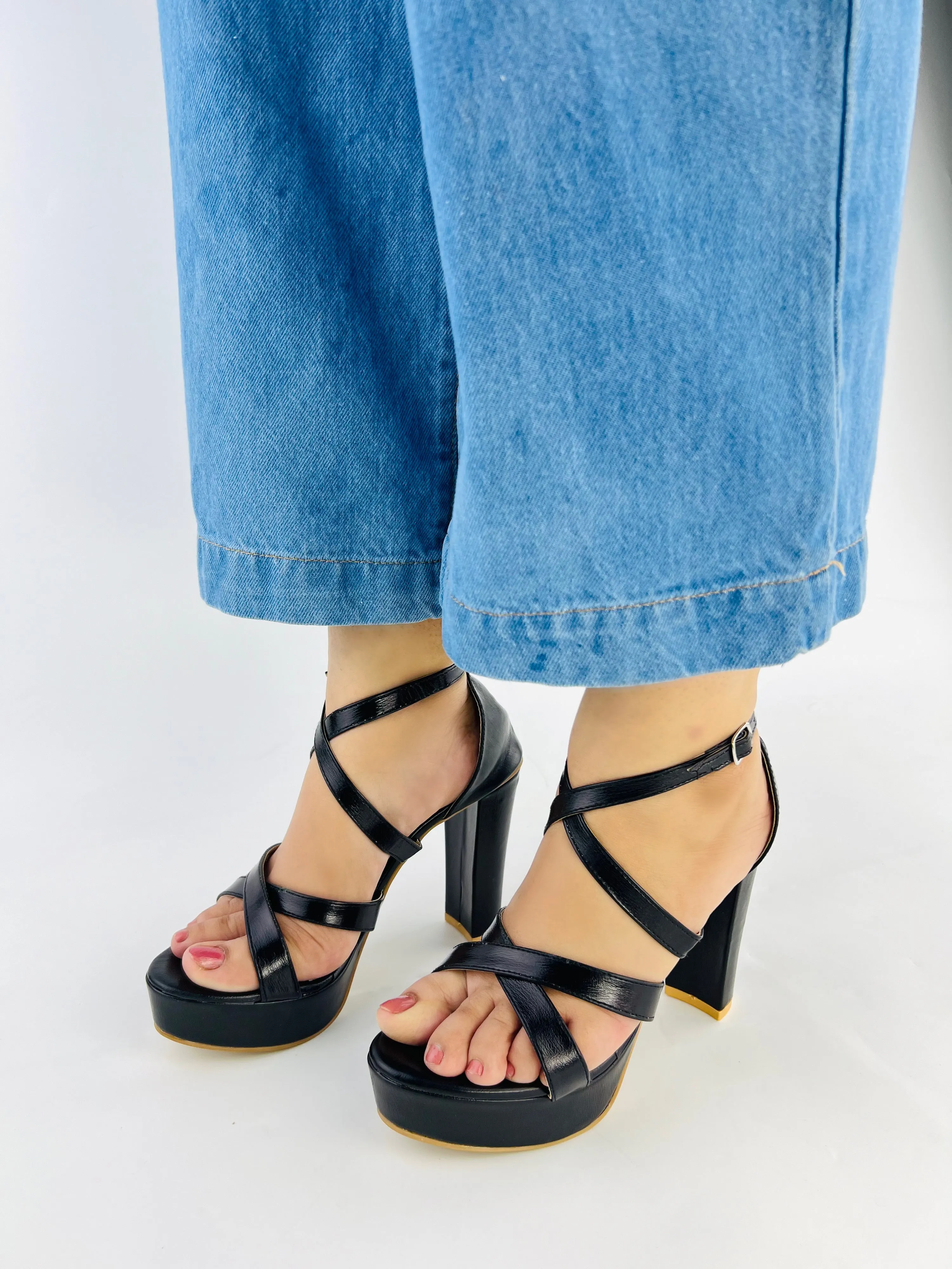 Spunkz Metallic Black Platform Heeled Sandals