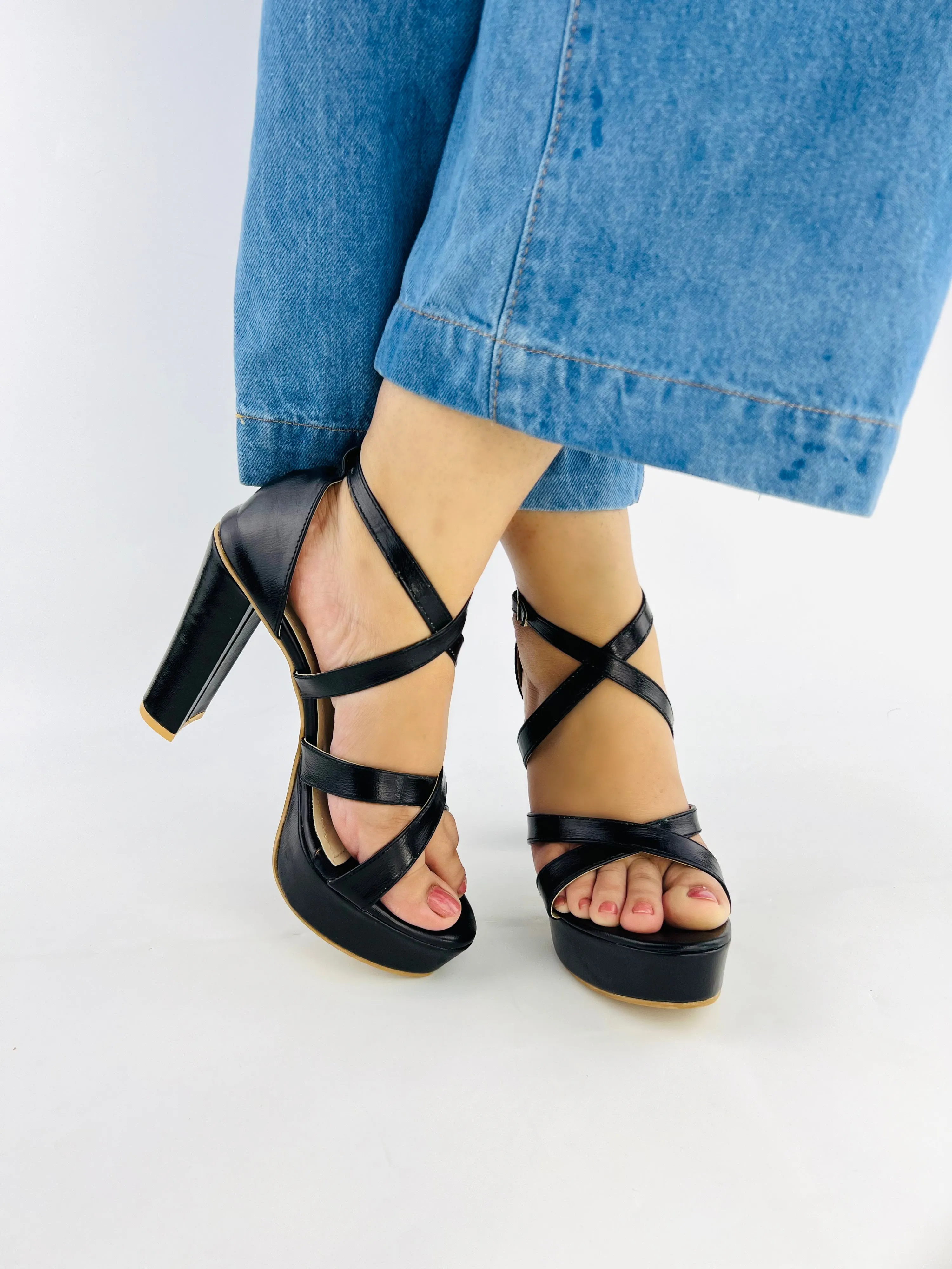 Spunkz Metallic Black Platform Heeled Sandals