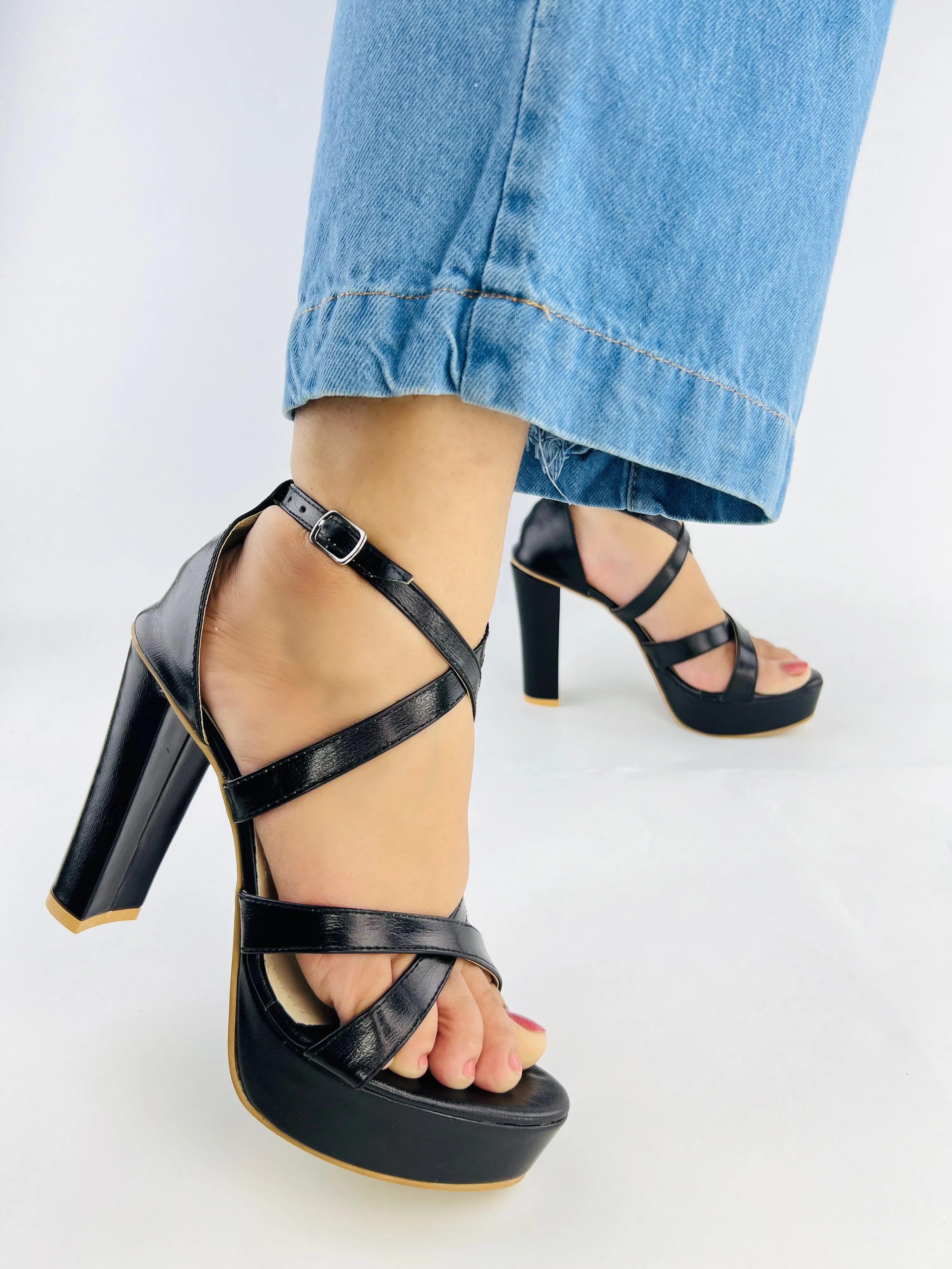 Spunkz Metallic Black Platform Heeled Sandals