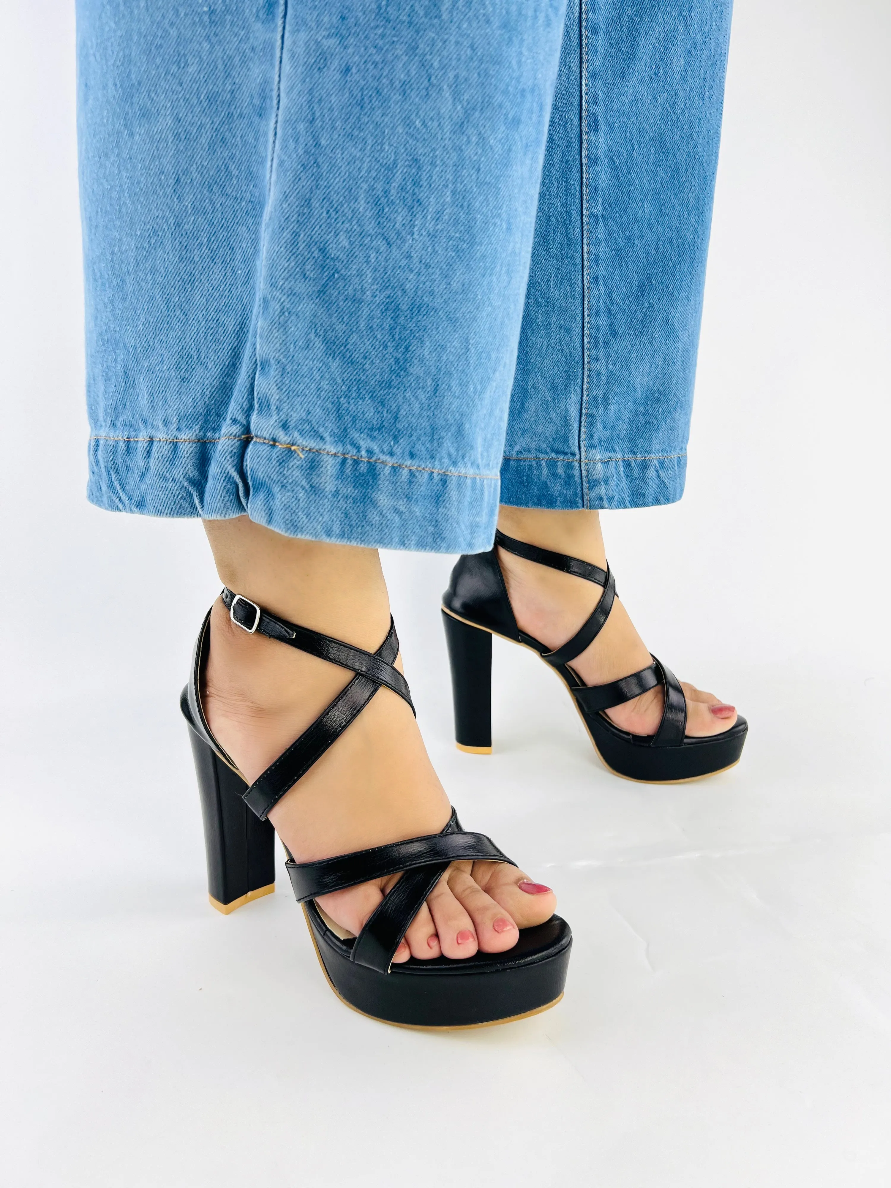 Spunkz Metallic Black Platform Heeled Sandals