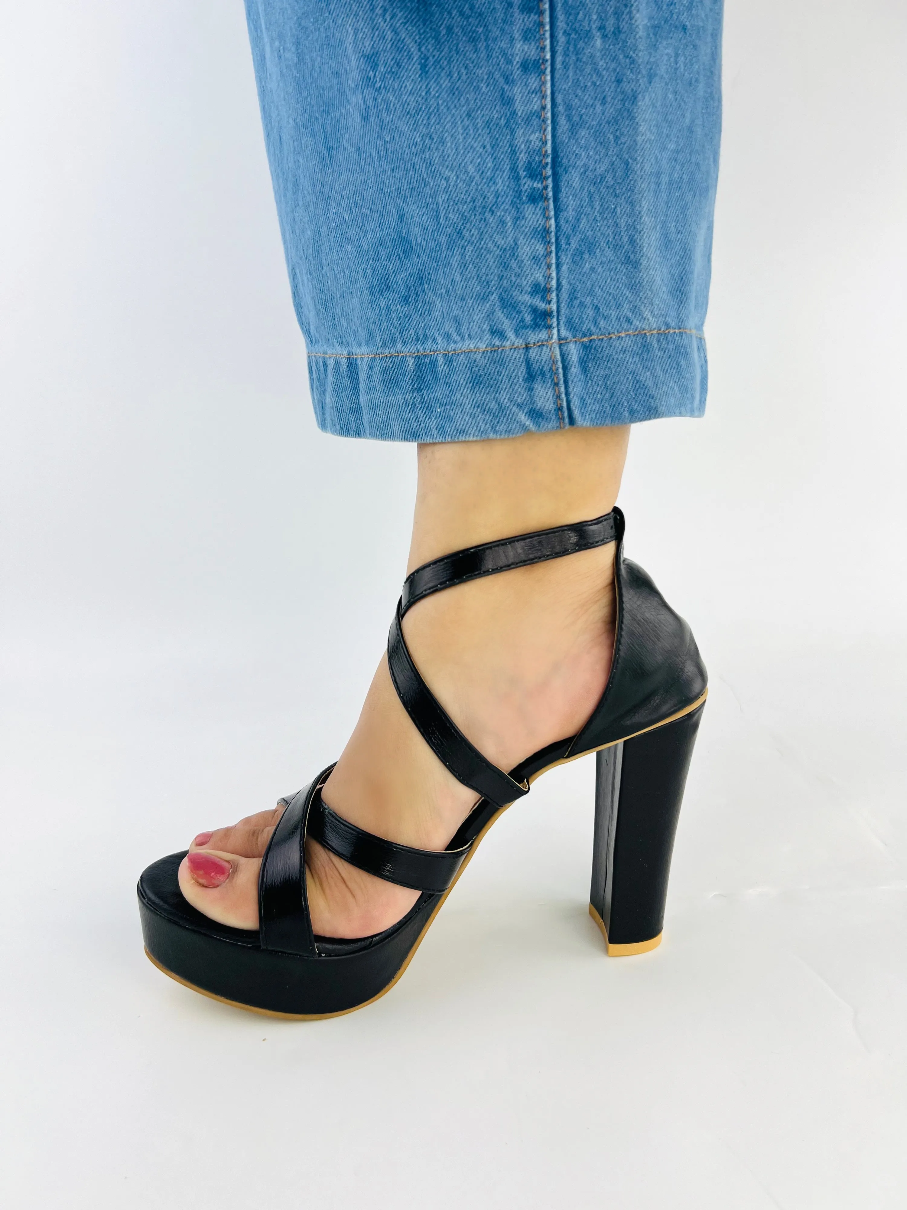 Spunkz Metallic Black Platform Heeled Sandals