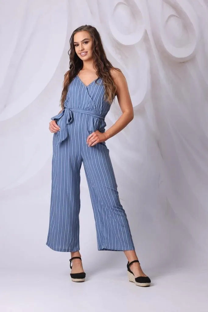 Striped Wide Leg Jumpsuit in Blue