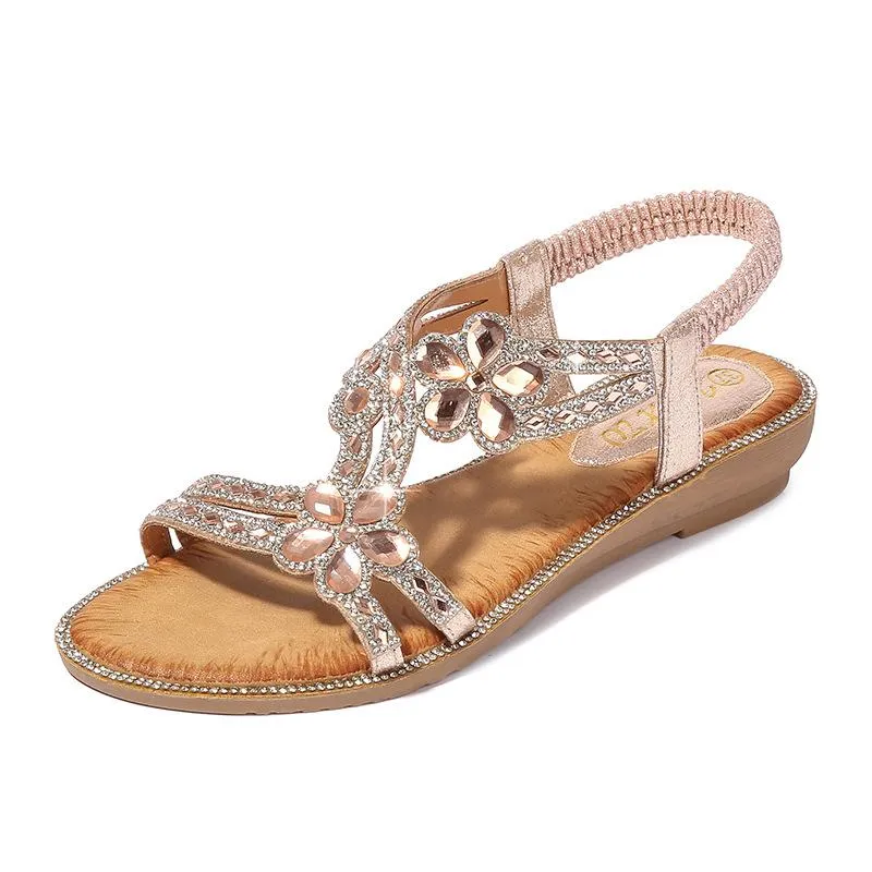 Women peep toe rhinestone flower elastic ankle strap sandals