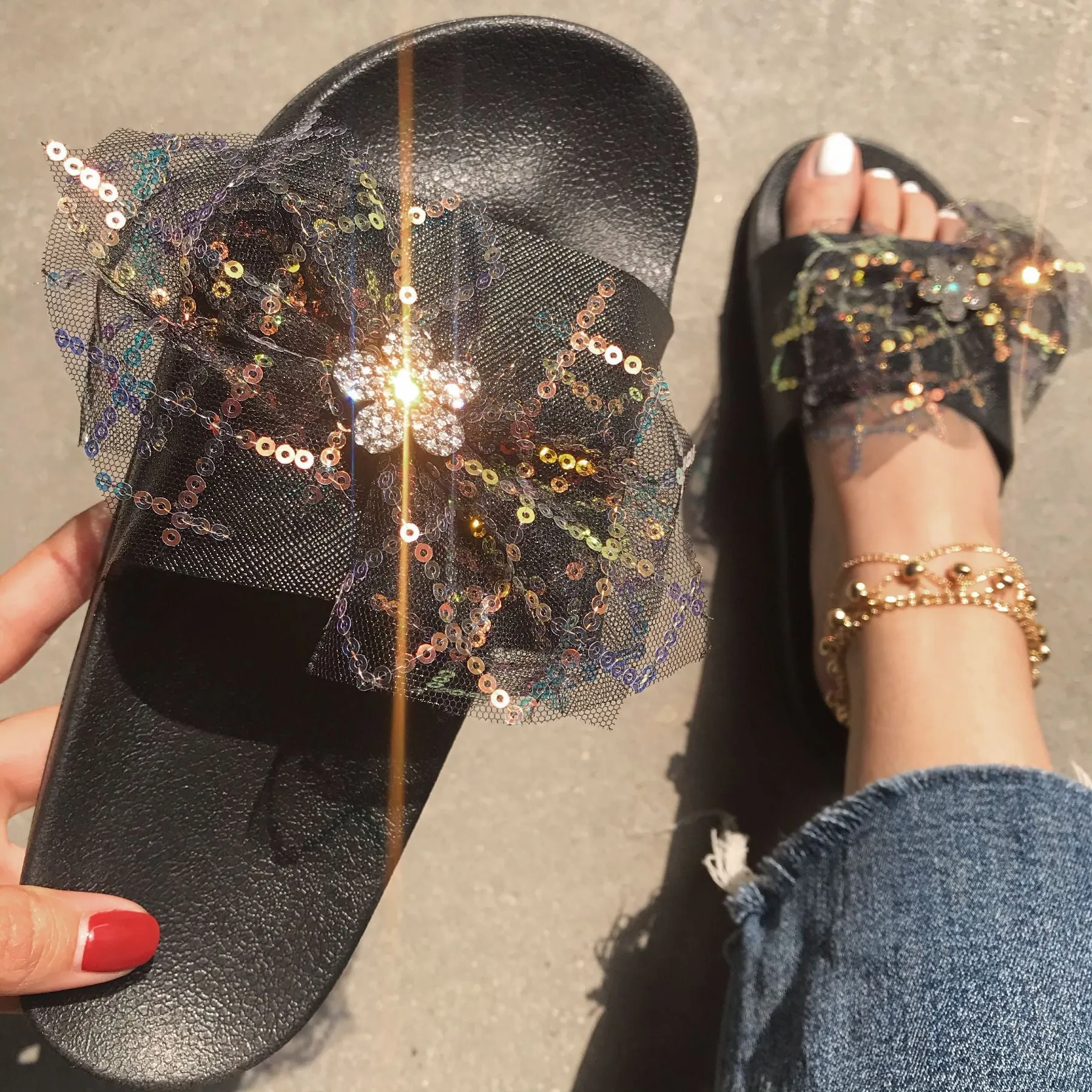 Women rhinestone lace bowknot peep toe slipper slide sandals