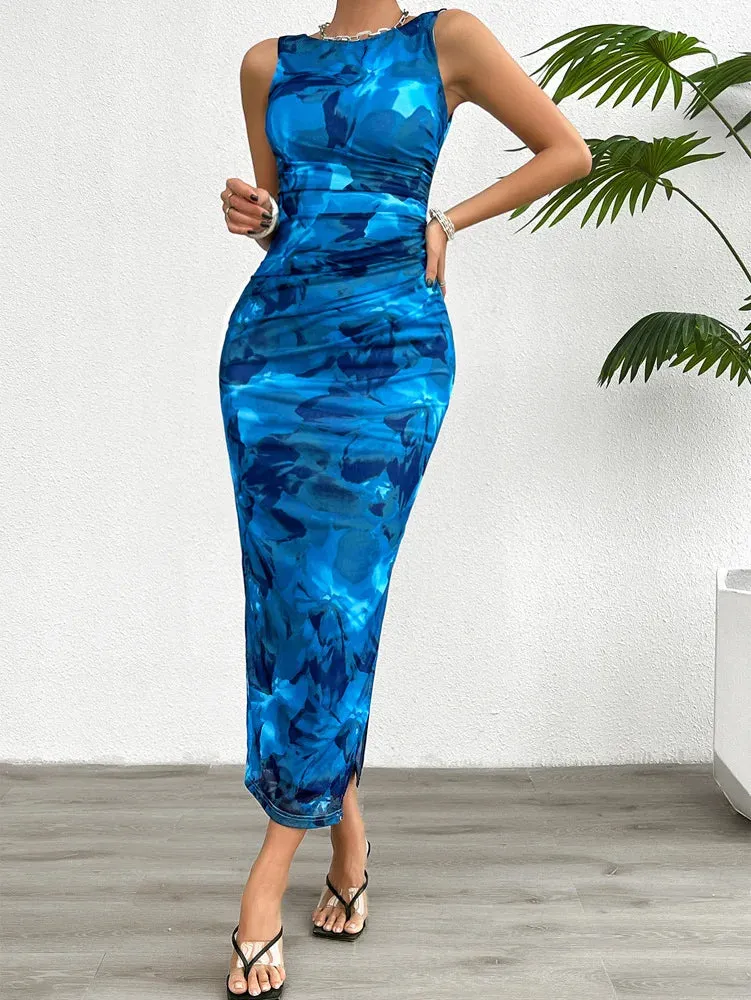 Women's Spring/Summer Sleeveless Printed Sheath Dress with Split Hem