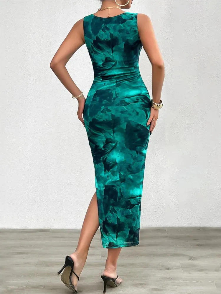 Women's Spring/Summer Sleeveless Printed Sheath Dress with Split Hem